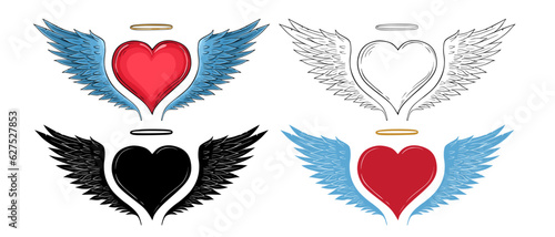 Red heart with angel wings and halo in four variants
