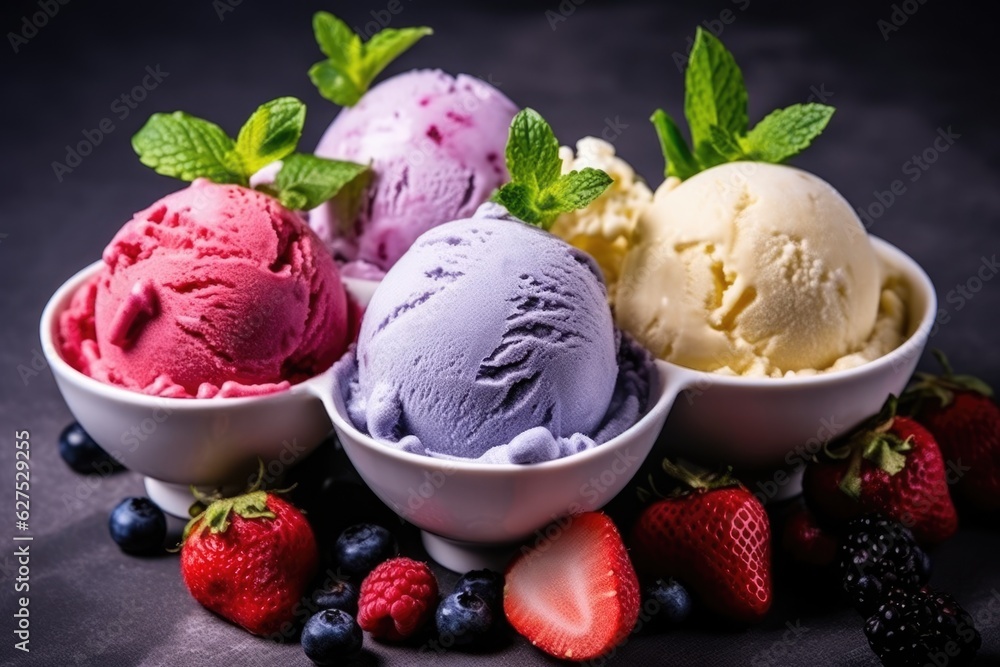 Assorted flavored ice creams with fresh blueberry, strawberry, kiwi, lemon, vanilla setup on rustic background . Assorted flavored ice creams with fresh blueberry, strawberry, kiwi, lemon, vanilla setup on rustic background .
