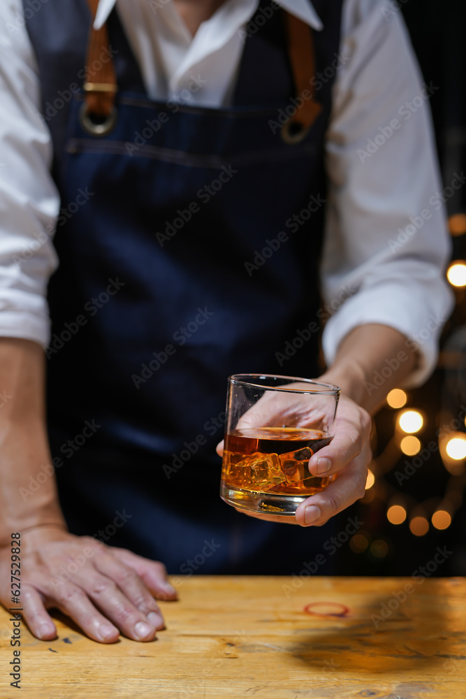 Bartender Serve Whiskey, on wood bar, Bartender Serve Whiskey, on wood bar,