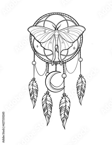 Luna moth on a dream catcher with crescent moon