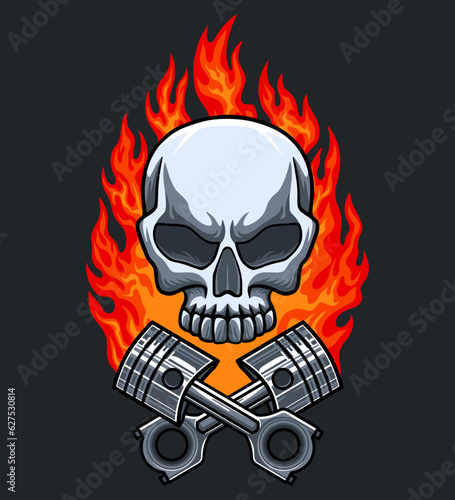 Skull with blazing fire and crossed piston. Biker
skull. Motorcycle club vector illustration for t-shirt
design, screen printing, sticker and poster.