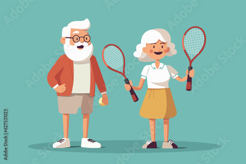 A happy old retired couple playing tennis. Active lifestyle of a retired people doing sports. vector illustration © Punkbarby