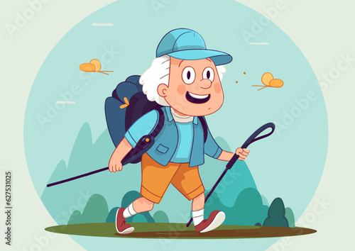 Smiling retired old man with a backpack and trekking poles hiking in the nature. Funny cartoon character of a happy grandpa in a cap on an outdoor adventure