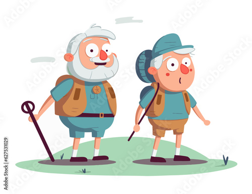 Retired old man and young teenager boy hiking in the nature. Funny cartoon characters of a happy grandpa and a frustrated grandson on an outdoor adventure