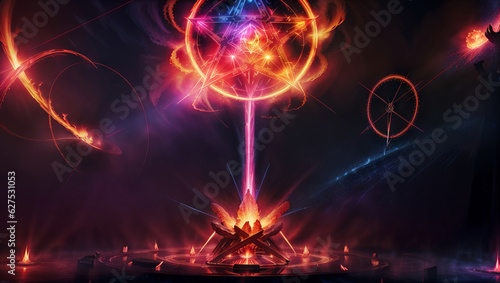Spell  Magic Effect Circle with Pentagram Neon Glow Plasma Light Rings Platform Base - Horizontal Background Image