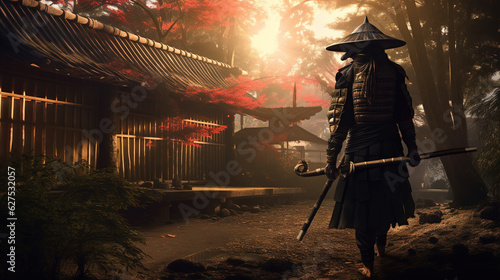 A Japanese Samurai Wearing Traditional Uniform Holding Sword near Ancient Hut in Bamboo Forest Generated AI