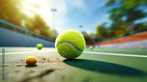 An Close-up view of the Ball on the Tennis Court Line, Paired with the tennis ball Hitting the line. © Phoophinyo