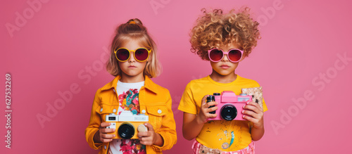 Young Retro Photographers Twin Blonde Girls in Vintage Fashion Holding Camera Toys in a Play Pretend - Generative AI 