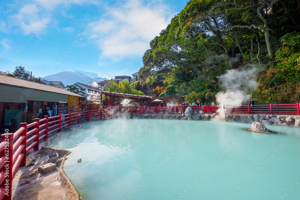 Beppu, Japan - Nov 25 2022: Kamado Jigoku hot spring in Beppu, Oita. The town is famous for its onsen (hot springs). It has 8 major geothermal hot spots, referred to as the 
