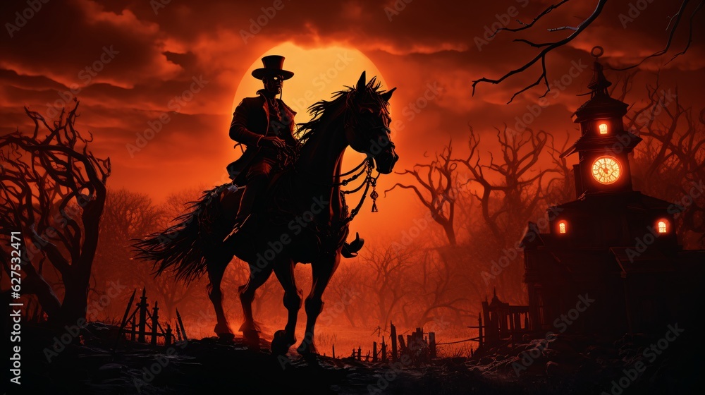 Silhouettes of an Old Tale: A Mysterious Rider on Horse Amidst Eerie Trees and Buildings. Enveloped in Haunting Orange and Black Hues.