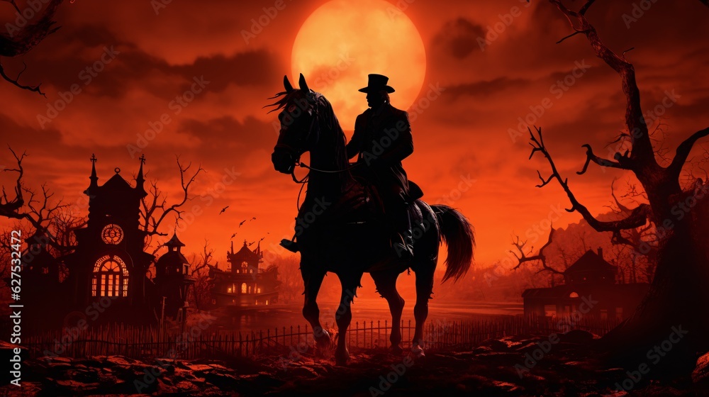 Silhouettes of an Old Tale: A Mysterious Rider on Horse Amidst Eerie Trees and Buildings. Enveloped in Haunting Orange and Black Hues.