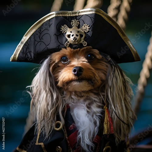 Arrr! Pirate Pup in Costume: An Adorable Dog Ready for Swashbuckling Fun on Halloween and Playful Adventures. Woof! photo