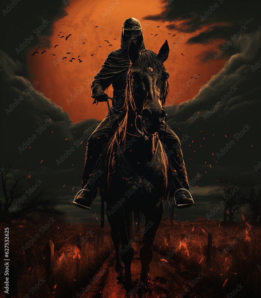 Midnight Dark Knight: Eerie Horseman Rides under a Dark Orange Full Moon, Embracing the Night's Spooky Aura Midnight Dark Knight: Eerie Horseman Rides under a Dark Orange Full Moon, Embracing the Night's Spooky Aura