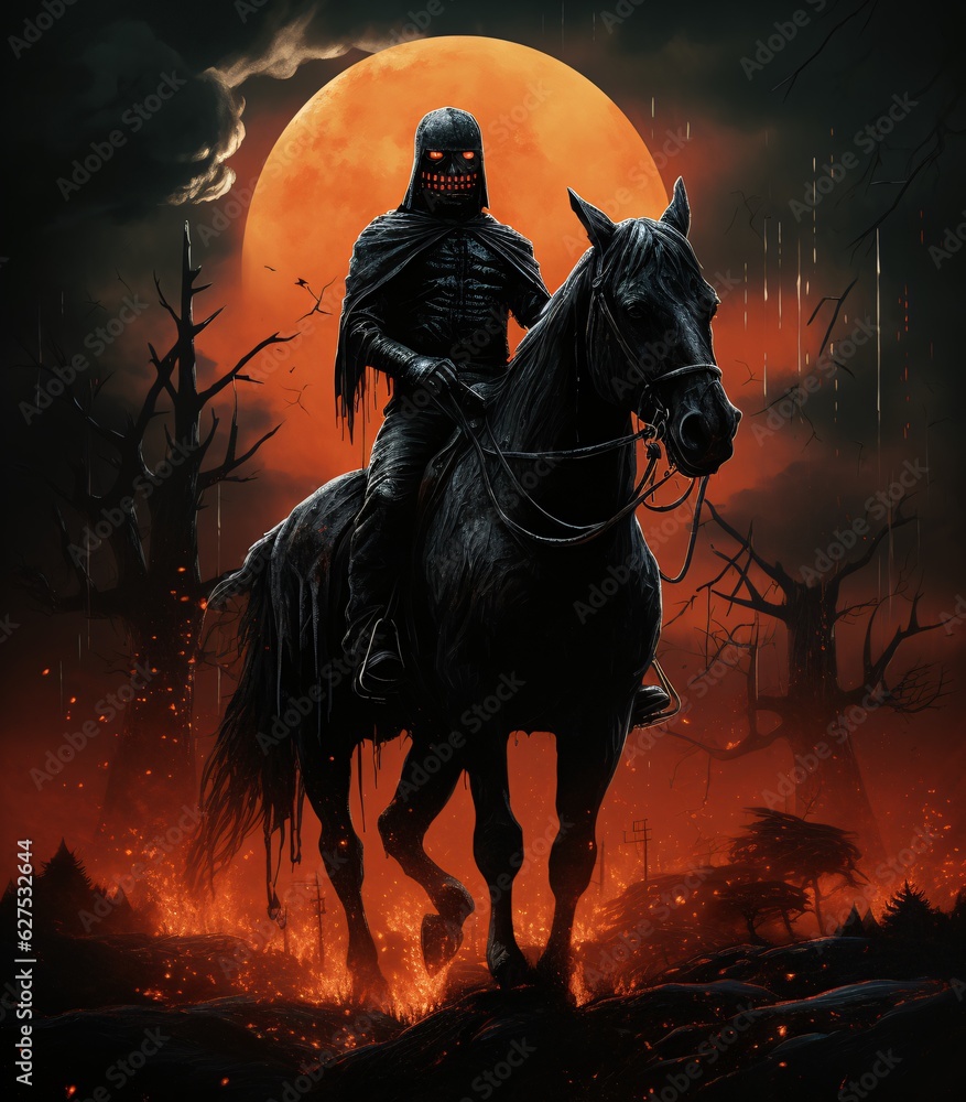 Midnight Ghouls: Eerie Horseman Rides under a Dark Orange Full Moon, Embracing the Night's Spooky Aura