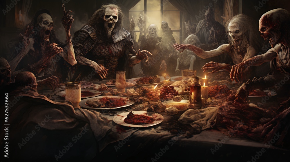 Gruesome Halloween Banquet: Sinister Feast in a Dusty, Grand Dining Hall. Eerie Delights Await! Wicked Figures Lurk, Ghostly Presence Looms, Dark Shadows Engulf. A Menacing Spectacle Unfolds! Gruesome Halloween Banquet: Sinister Feast in a Dusty, Grand Dining Hall. Eerie Delights Await! Wicked Figures Lurk, Ghostly Presence Looms, Dark Shadows Engulf. A Menacing Spectacle Unfolds!