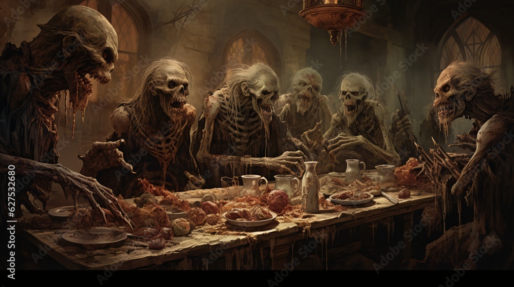 Gruesome Halloween Banquet: Sinister Feast in a Dusty, Grand Dining Hall. Eerie Delights Await! Wicked Figures Lurk, Ghostly Presence Looms, Dark Shadows Engulf. A Menacing Spectacle Unfolds!