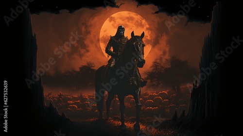 Midnight Ghouls  Eerie Horseman Rides under a Dark Orange Full Moon  Embracing the Night s Spooky Aura