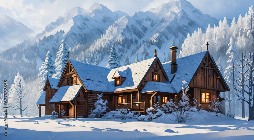 Winter landscape with an old wooden cabin. mountains, snow. Generative AI.