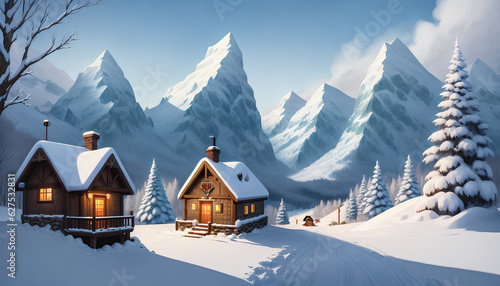 Winter landscape with an old wooden cabin. mountains, snow. Generative AI.