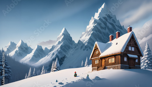 Winter landscape with an old wooden cabin. mountains, snow. Generative AI. © 4K_Heaven