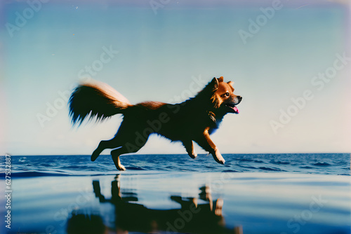 This is the sea. A Pomeranian is running towards me smiling at me from 500 meters away. Generative AI