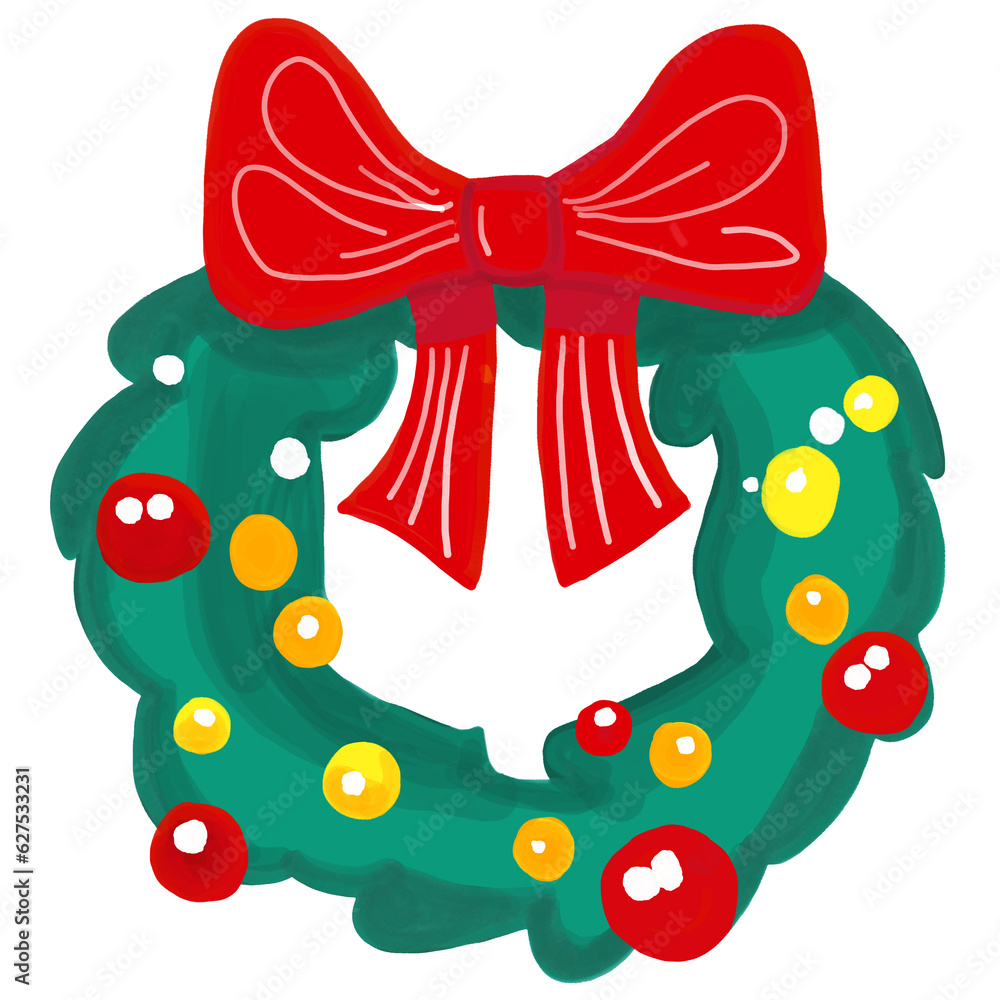 Naklejka premium Watercolor and drawing for Christmas wreath with Cherries and red ribbon. Digital painting of icon illustration. Christmas and new year element decoration on holiday.