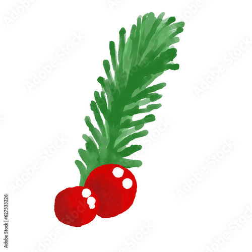 Watercolor and drawing for green pine leaf with ribbon and cherries. Digital painting of icon illustration. Christmas and new year element decoration on holiday.