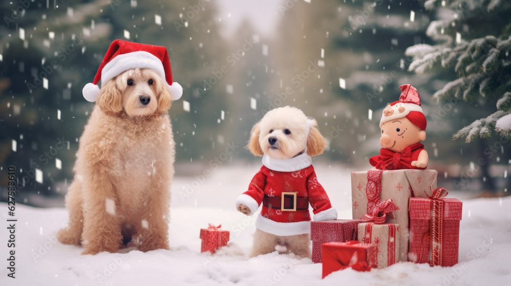 Labradoodle and poodle in Santa Claus hat and Santa costume sitting in showground beside gift boxes. Christmas postcard. Snowflakes in the air. Generated ai. Labradoodle and poodle in Santa Claus hat and Santa costume sitting in showground beside gift boxes. Christmas postcard. Snowflakes in the air. Generated ai.
