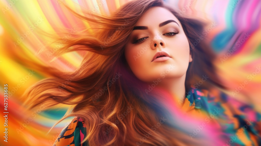 Obraz premium Beautiful fat young blonde woman blur soft colorful background photo. AI generation