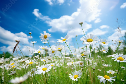 A beautiful, sun-drenched spring summer meadow. Natural colorful panoramic landscape with many wild flowers of daisies against blue sky. A frame with soft selective focus © Robin