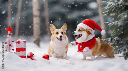 Two corgi puppies  in Santa Claus hat and  scarfs sitting in showground beside gift boxes and Christmas ornaments. Christmas postcard. Snowflakes in the air. Generated ai.