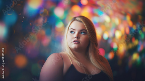 Beautiful fat young blonde woman blur soft colorful background photo. AI generation