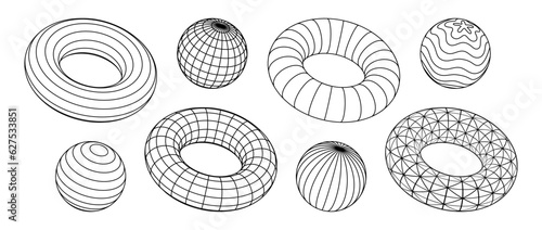 Wireframe torus and spheres collection. 3d outline grid shapes with different patterns. Black geometric elements for design templates, icons, logo. Abstract objects with connected lines. Vector pack