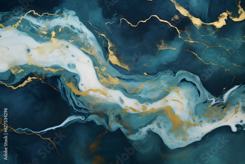 Luxury abstract fluid art painting background alcohol ink technique navy blue and gold, AI generate