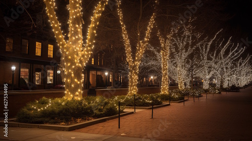 Festive Outdoor Holiday Display with Christmas Tree, Festive Lighting, and Seasonal Decorations, Creating a Beautifully Decorated Winter Wonderland. Generative AI