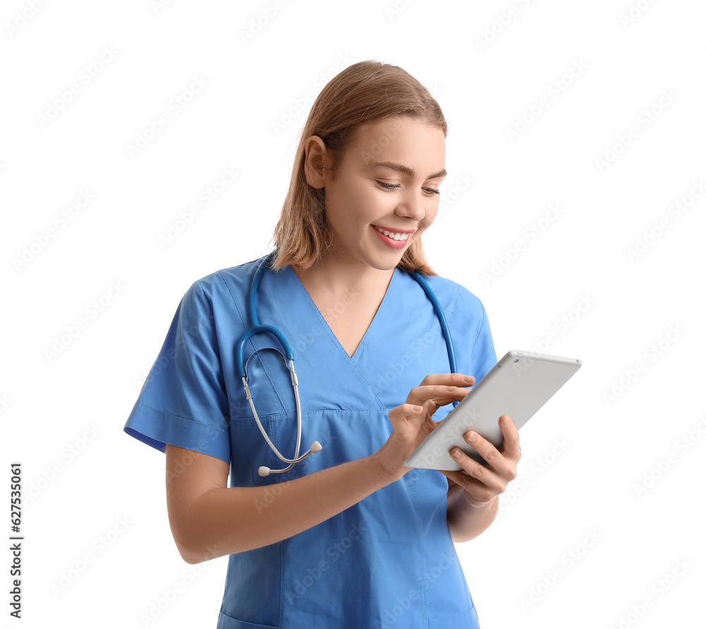 Female intern with tablet computer on white background Female intern with tablet computer on white background