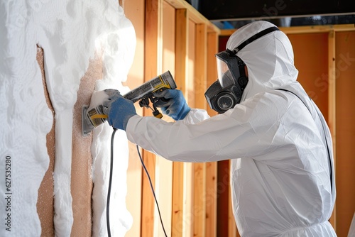 A worker wearing a protective suit applies polyurethane foam insulation to the walls.