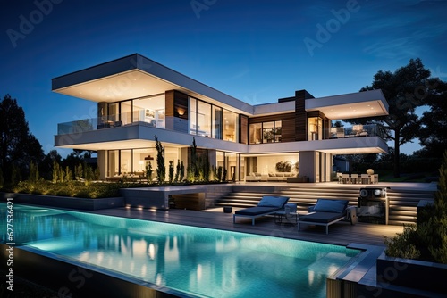 Contemporary residence designed to exhibit a stylish house exterior that includes a swimming pool. © 2rogan