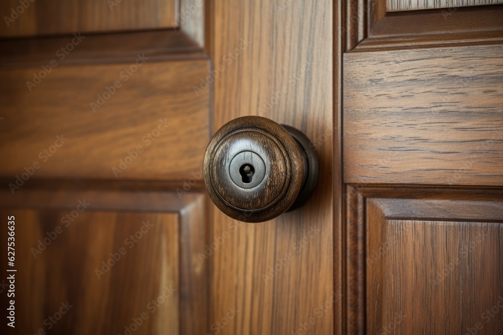 Close-up view of a wooden door's doorknob showcasing the option to either open or close the door. Close-up view of a wooden door's doorknob showcasing the option to either open or close the door.