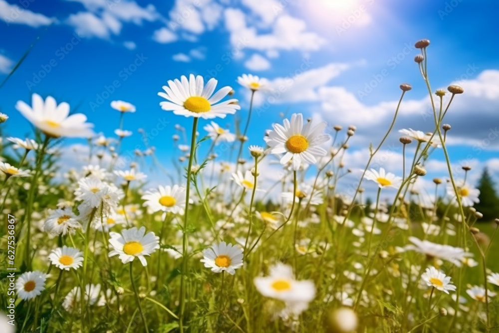 A beautiful, sun-drenched spring summer meadow. Natural colorful panoramic landscape with many wild flowers of daisies against blue sky. A frame with soft selective focus A beautiful, sun-drenched spring summer meadow. Natural colorful panoramic landscape with many wild flowers of daisies against blue sky. A frame with soft selective focus