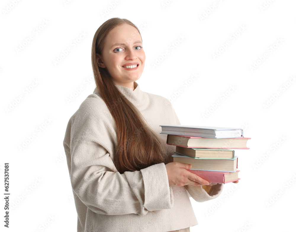 Young woman with books on white background