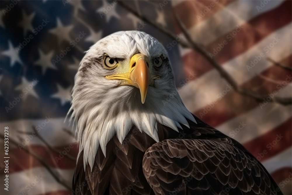 Fototapeta premium Bald Eagle in front of an american flag - 3D render