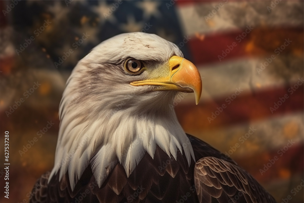 Obraz premium Bald Eagle in front of an american flag - 3D render