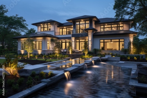 At night, the exterior of the luxury home looks stunning. It boasts a brand new house with a spacious yard, an outdoor covered patio that includes a kitchen area, and captivating interior lights that