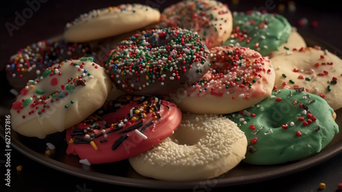 Festive Christmas Treats: Close-Up of Freshly Baked Cookies, Decorated with Frosting and Sprinkles in Joyful Festive Colors. Generative AI 