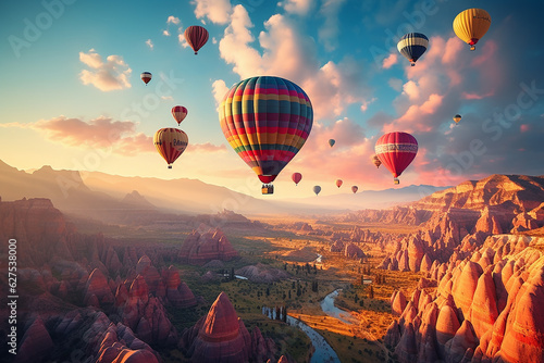 Hot Air Balloons Festival on Rocky Cliff in Cappadocia Turkey with Nature Landscape at Dusk