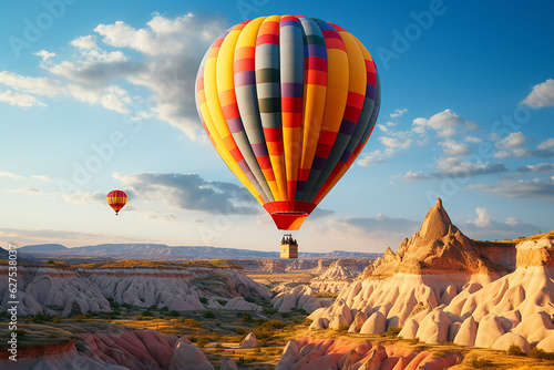Colorful Hot Air Balloons Floating Over Rocky Cliff in Cappadocia Turkey at Bright Day