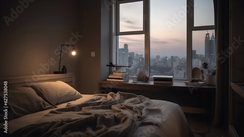 Comfortable Bedroom with Plush Pillows, Blankets, Nightstand, Book, Reading Lamp, and a Serene View of the City Skyline from Window. Generative AI