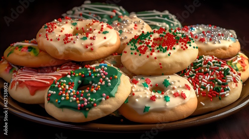 Festive Christmas Treats: Close-Up of Freshly Baked Cookies, Decorated with Frosting and Sprinkles in Joyful Festive Colors. Generative AI 
