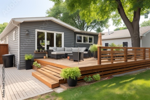 Amazing newly renovated backyard featuring a beautiful landscape, complete with a secure fence, a spacious back porch, and stunning mature birch trees. The yard also includes well-designed steps and a © 2rogan
